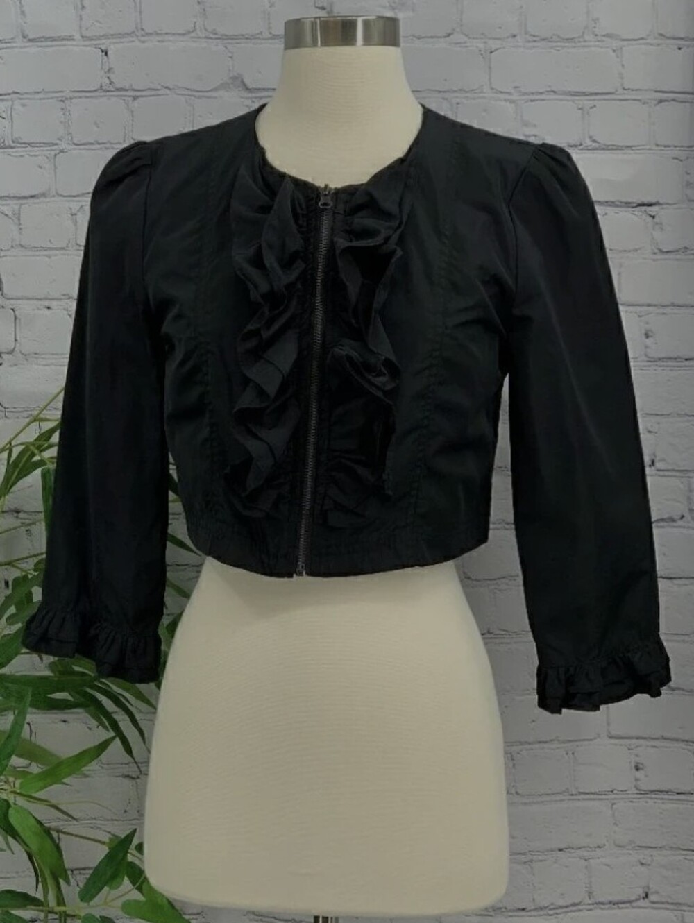 Black Crop Jacket W/ Ruffle Down The Front & On The Cuffs 3/4 Sleeves Bolero